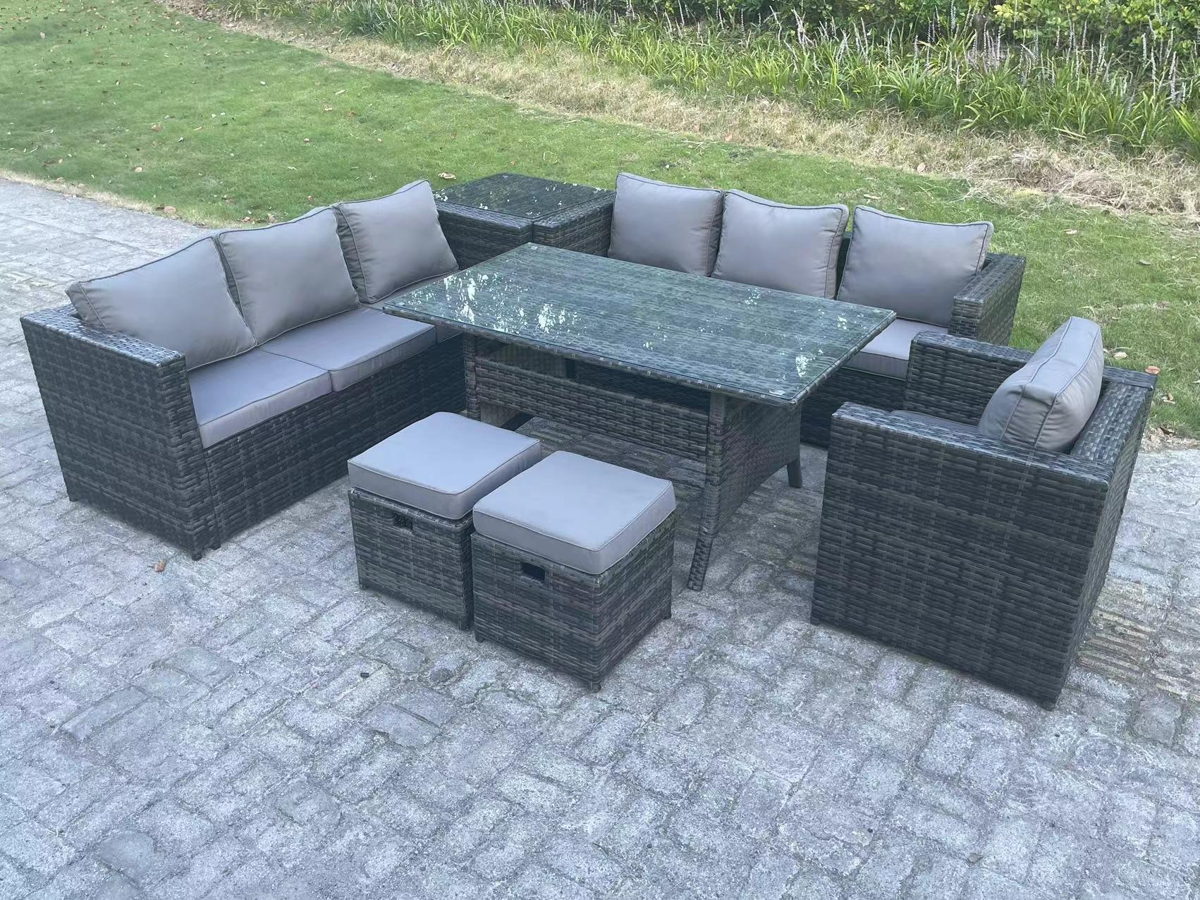 9 Seater Outdoor Lounge Sofa Garden Furniture Set Patio Chair Rattan Rectangular Dining Table 2 Stoo